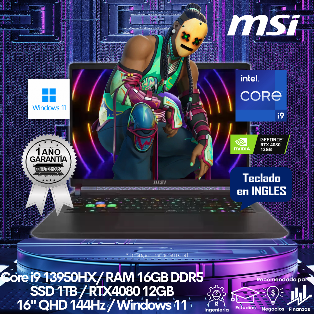 Laptop MSI Vector GP68HX, Core i9-13950HX, RAM 16GB DDR5, SSD 1TB, Video RTX4080 12GB, 16″ QHD 144Hz, Teclado en Inglés, Windows 11.