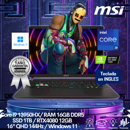 Laptop MSI Vector GP68HX, Core i9-13950HX, RAM 16GB DDR5, SSD 1TB, Video RTX4080 12GB, 16″ QHD 144Hz, Teclado en Inglés, Windows 11.
