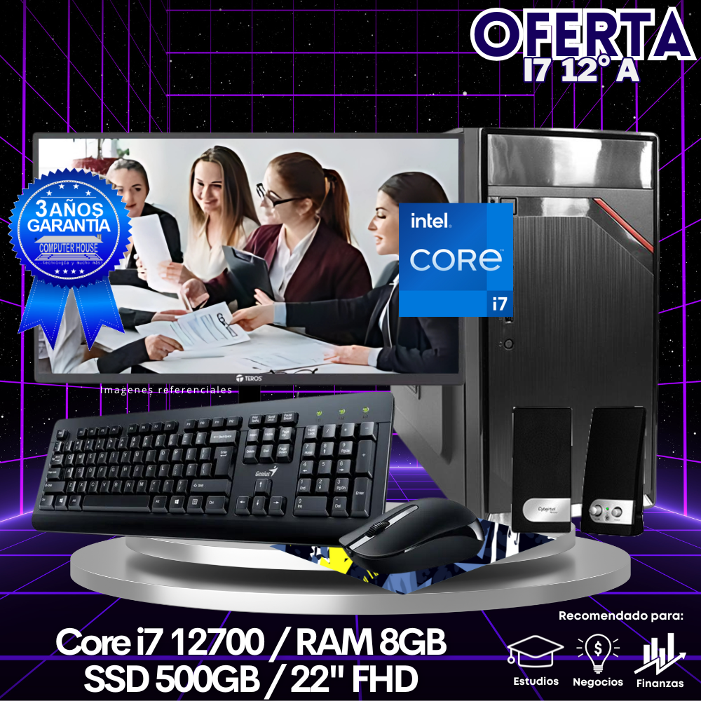 OFERTA: Desktop Core i7-12700, RAM 8GB, SSD 500GB, Monitor 22″ FHD, Kit Teclado + Mouse, Parlantes.