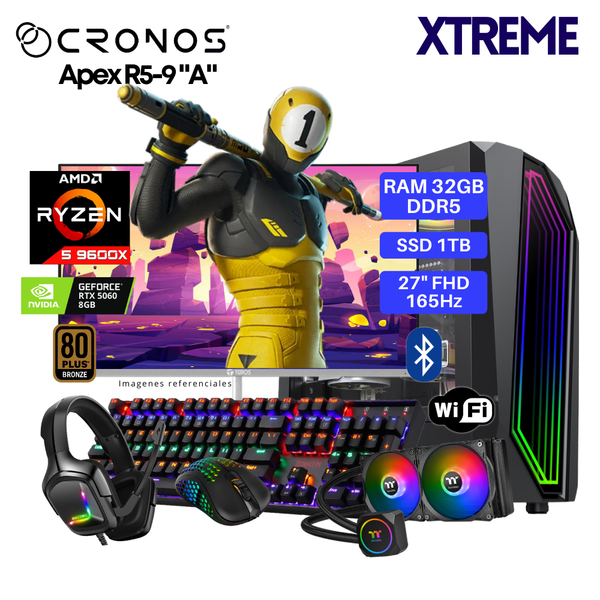 PC Xtreme CRONOS Apex R5-9 "A", RAM 32GB DDR5, SSD 1TB, RTX5060 8GB, Enfriamiento Líquido, Monitor 27″ FHD 165Hz, Wi-Fi & Bluetooth.