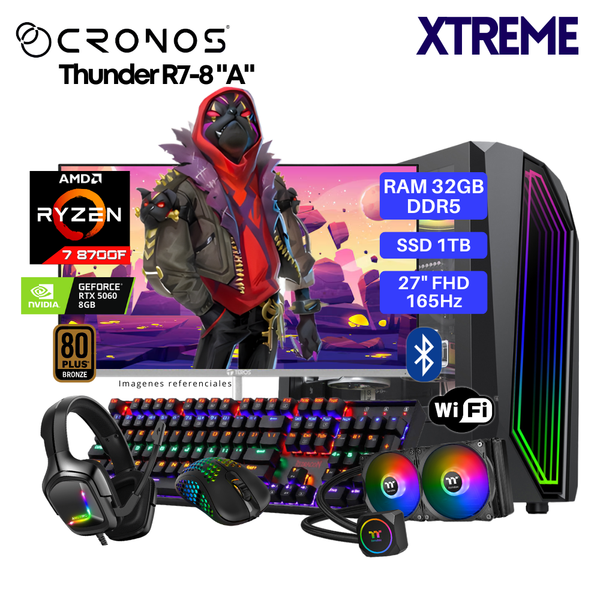 PC Xtreme CRONOS Thunder R7-8 "A", RAM 32GB DDR5, SSD 1TB, RTX5060 8GB, Enfriamiento Líquido, Monitor 27″ FHD 165Hz, Wi-Fi & Bluetooth.