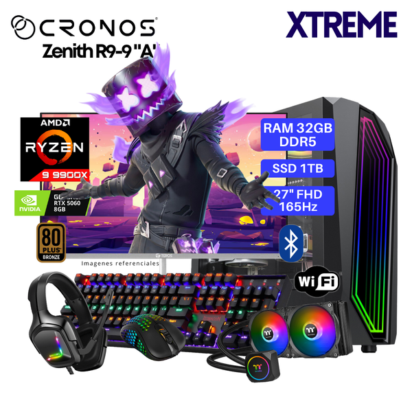 PC Xtreme CRONOS Zenith R9-9 "A", RAM 32GB DDR5, SSD 1TB, RTX5060 8GB, Enfriamiento Líquido, Monitor 27″ FHD 165Hz, Wi-Fi & Bluetooth.