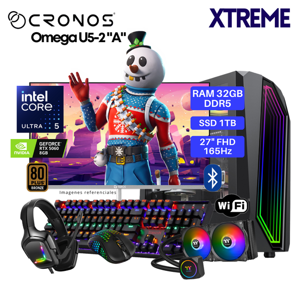 PC Xtreme CRONOS Omega U5-2 "A", RAM 32GB DDR5, SSD 1TB, RTX5060 8GB, Enfriamiento Líquido, Monitor 27″ FHD 165Hz, Wi-Fi & Bluetooth.