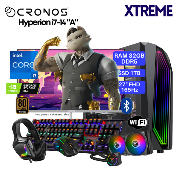 PC Xtreme CRONOS Hyperion i7-14 "A", RAM 32GB DDR5, SSD 1TB, RTX5060 8GB, Enfriamiento Líquido, Monitor 27″ FHD 165Hz, Wi-Fi & Bluetooth.