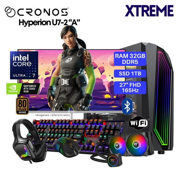 PC Xtreme CRONOS Hyperion U7-2 "A", RAM 32GB DDR5, SSD 1TB, RTX5060 8GB, Enfriamiento Líquido, Monitor 27″ FHD 165Hz, Wi-Fi & Bluetooth.