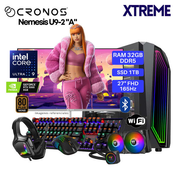 PC Xtreme CRONOS Nemesis U9-2 "A", RAM 32GB DDR5, SSD 1TB, RTX5060 8GB, Enfriamiento Líquido, Monitor 27″ FHD 165Hz, Wi-Fi & Bluetooth.