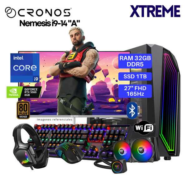 PC Xtreme CRONOS Nemesis i9-14 "A", RAM 32GB DDR5, SSD 1TB, RTX5060 8GB, Enfriamiento Líquido, Monitor 27″ FHD 165Hz, Wi-Fi & Bluetooth.