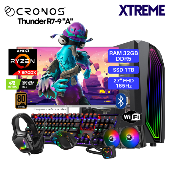 PC Xtreme CRONOS Thunder R7-9 "A", RAM 32GB DDR5, SSD 1TB, RTX5060 8GB, Enfriamiento Líquido, Monitor 27″ FHD 165Hz, Wi-Fi & Bluetooth.