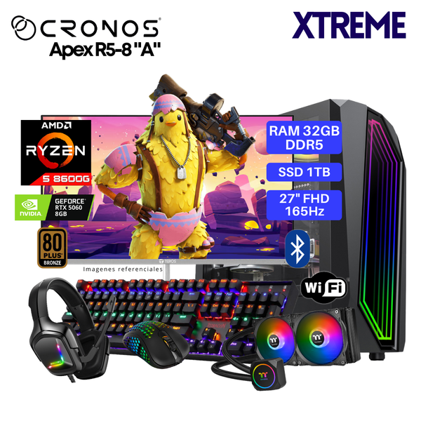 PC Xtreme CRONOS Apex R5-8 "A", RAM 32GB DDR5, SSD 1TB, RTX5060 8GB, Enfriamiento Líquido, Monitor 27″ FHD 165Hz, Wi-Fi & Bluetooth.
