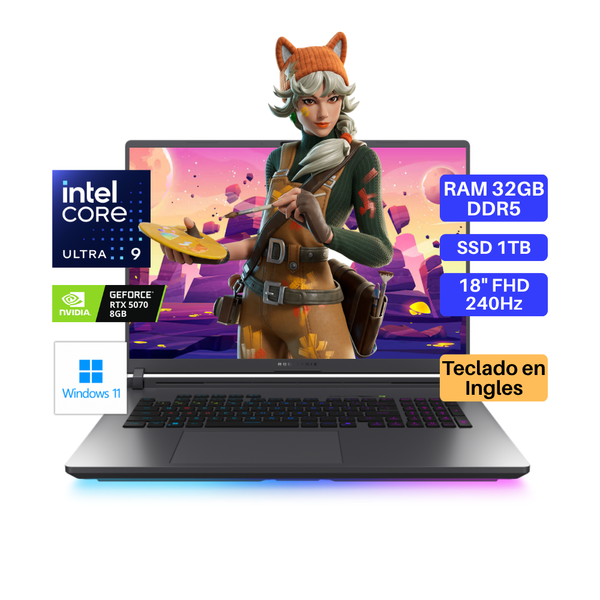 Laptop ASUS Rog Strix G18, Core Ultra 9-275HX, RAM 32GB DDR5, SSD 1TB, Video RTX5070 8GB, 18" FHD 240Hz, Teclado en Inglés, Windows 11.