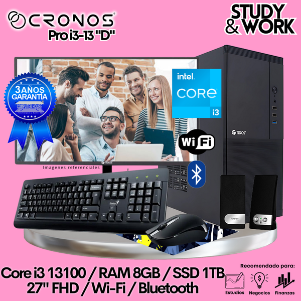 PC CRONOS Pro i3-13 "D", RAM 8GB, SSD 1TB, Monitor 27″ FHD, Wi-Fi & Bluetooth, Kit Teclado + Mouse, Parlantes o Audífono.