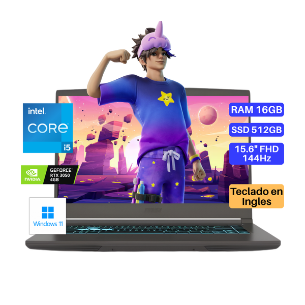 Laptop MSI Thin 15, Core i5-13420H, RAM 16GB, SSD 512GB, Video RTX3050 4GB, 15.6" FHD 144Hz, Teclado en Inglés, Windows 11.