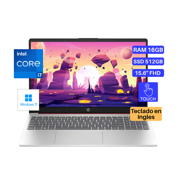Laptop HP 15-FD0127DX, Core i7-1355U, RAM 16GB, SSD 512GB, 15.6" FHD, Pantalla Táctil, Teclado en Inglés, Windows 11.