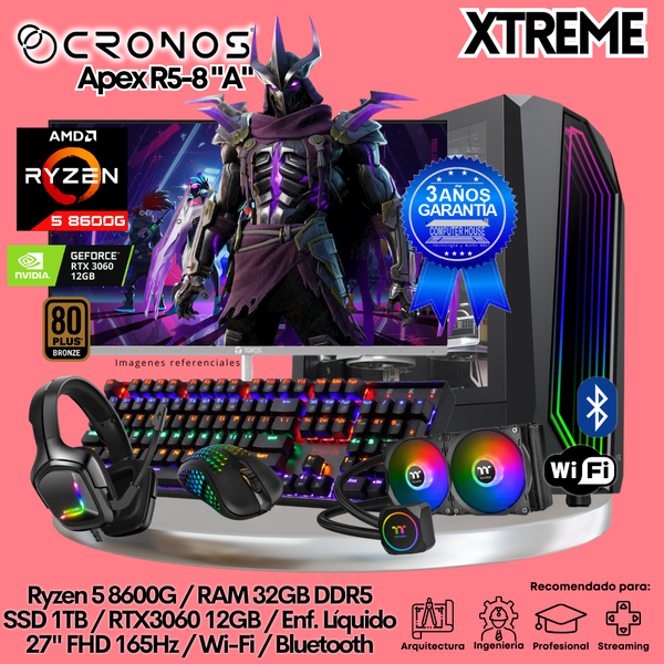 PC Xtreme CRONOS Apex R5-8 "A", RAM 32GB DDR5, SSD 1TB, RTX3060 12GB, Enfriamiento Líquido, Monitor 27″ FHD 165Hz, Wi-Fi & Bluetooth.