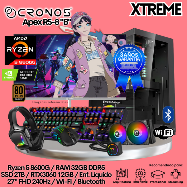 PC Xtreme CRONOS Apex R5-8 "B", RAM 32GB DDR5, SSD 2TB, RTX3060 12GB, Enfriamiento Líquido, Monitor 27″ FHD 240Hz, Wi-Fi & Bluetooth.