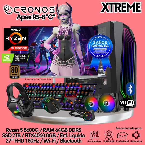 PC Xtreme CRONOS Apex R5-8 "C", RAM 64GB DDR5, SSD 2TB, RTX4060 8GB, Enfriamiento Líquido, Monitor 27″ FHD 180Hz, Wi-Fi & Bluetooth.