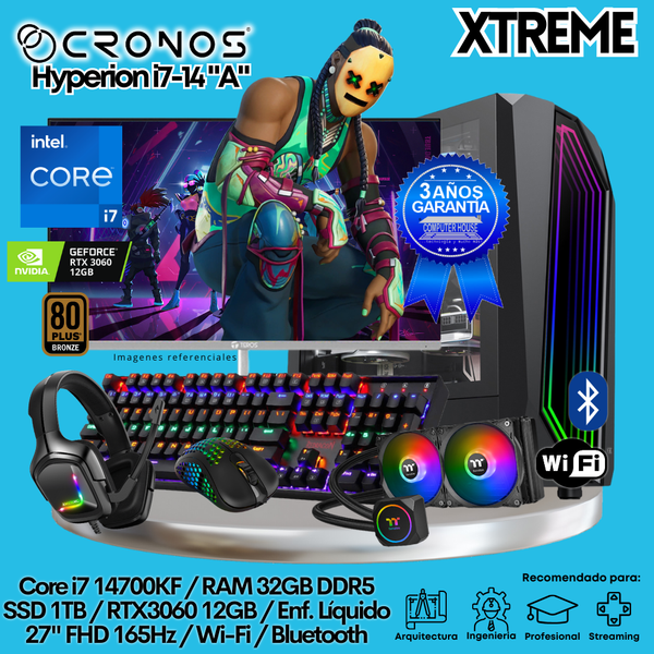 PC Xtreme CRONOS Hyperion i7-14 "A", RAM 32GB DDR5, SSD 1TB, RTX3060 12GB, Enfriamiento Líquido, Monitor 27″ FHD 165Hz, Wi-Fi & Bluetooth.