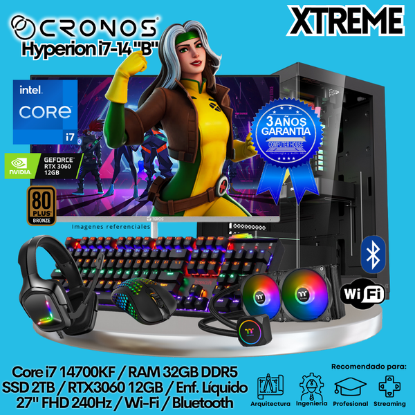 PC Xtreme CRONOS Hyperion i7-14 "B", RAM 32GB DDR5, SSD 2TB, RTX3060 12GB, Enfriamiento Líquido, Monitor 27″ FHD 240Hz, Wi-Fi & Bluetooth.