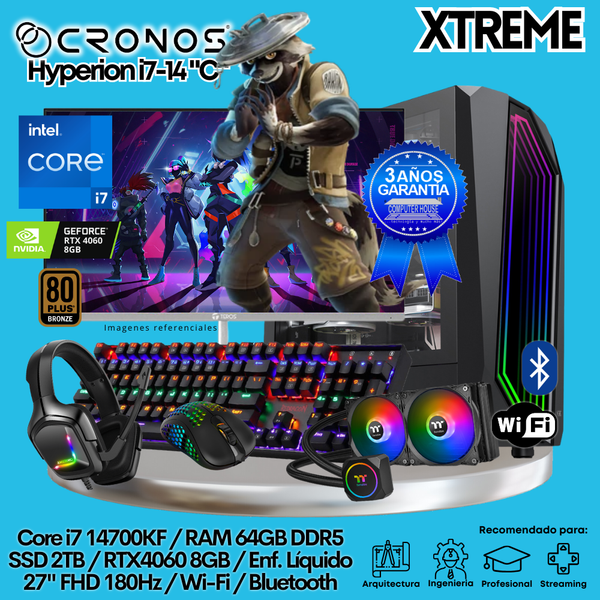 PC Xtreme CRONOS Hyperion i7-14 "C", RAM 64GB DDR5, SSD 2TB, RTX4060 8GB, Enfriamiento Líquido, Monitor 27″ FHD 180Hz, Wi-Fi & Bluetooth.