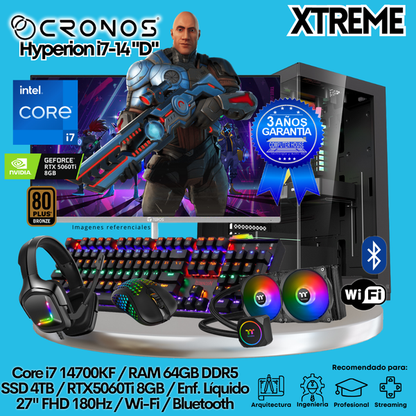 PC Xtreme CRONOS Hyperion i7-14 "D", RAM 64GB DDR5, SSD 4TB, RTX5060Ti 8GB, Enfriamiento Líquido, Monitor 27″ FHD 180Hz, Wi-Fi & Bluetooth.