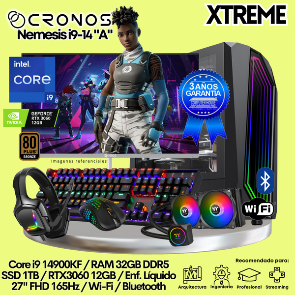 PC Xtreme CRONOS Nemesis i9-14 "A", RAM 32GB DDR5, SSD 1TB, RTX3060 12GB, Enfriamiento Líquido, Monitor 27″ FHD 165Hz, Wi-Fi & Bluetooth.