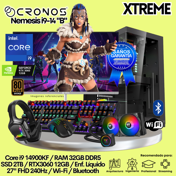 PC Xtreme CRONOS Nemesis i9-14 "B", RAM 32GB DDR5, SSD 2TB, RTX3060 12GB, Enfriamiento Líquido, Monitor 27″ FHD 240Hz, Wi-Fi & Bluetooth.