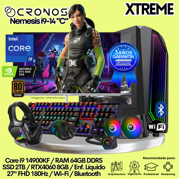 PC Xtreme CRONOS Nemesis i9-14 "C", RAM 64GB DDR5, SSD 2TB, RTX4060 8GB, Enfriamiento Líquido, Monitor 27″ FHD 180Hz, Wi-Fi & Bluetooth.