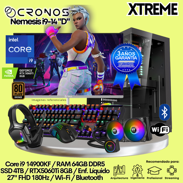 PC Xtreme CRONOS Nemesis i9-14 "D", RAM 64GB DDR5, SSD 4TB, RTX5060Ti 8GB, Enfriamiento Líquido, Monitor 27″ FHD 180Hz, Wi-Fi & Bluetooth.