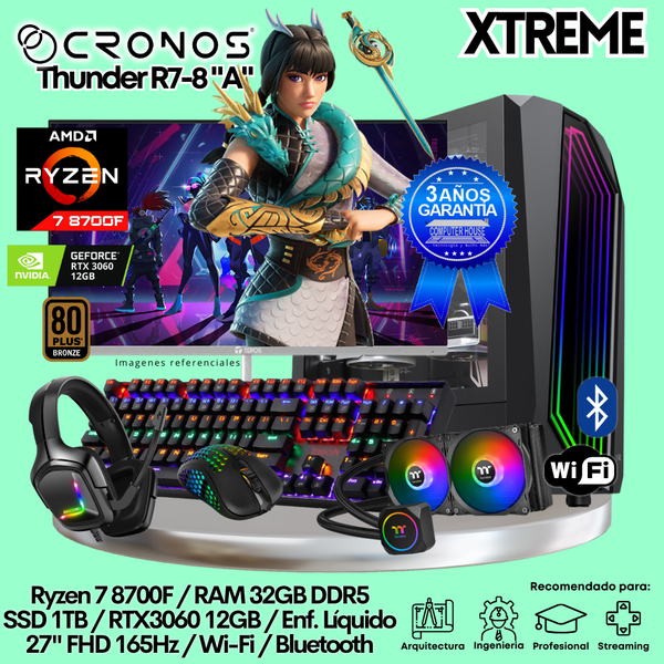 PC Xtreme CRONOS Thunder R7-8 "A", RAM 32GB DDR5, SSD 1TB, RTX3060 12GB, Enfriamiento Líquido, Monitor 27″ FHD 165Hz, Wi-Fi & Bluetooth.