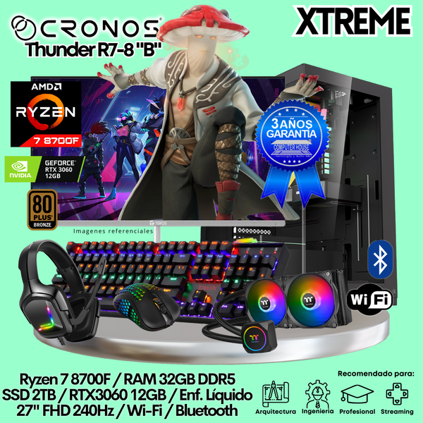 PC Xtreme CRONOS Thunder R7-8 "B", RAM 32GB DDR5, SSD 2TB, RTX3060 12GB, Enfriamiento Líquido, Monitor 27″ FHD 240Hz, Wi-Fi & Bluetooth.