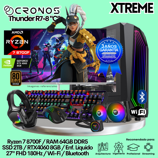 PC Xtreme CRONOS Thunder R7-8 "C", RAM 64GB DDR5, SSD 2TB,RTX4060 8GB, Enfriamiento Líquido, Monitor 27″ FHD 180Hz, Wi-Fi & Bluetooth.